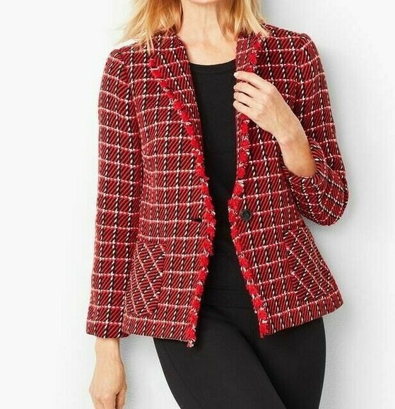 Talbots Twill Check Jacket LS Cropped Frayed Collar Size 2 Red Plaid NWT - Picture 1 of 10